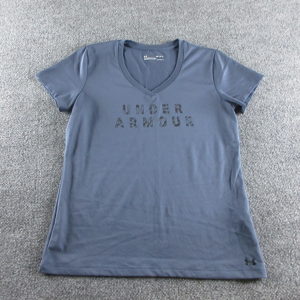 Under Armour Shirt Womens M Blue V‎ Neck Short Sleeve Athletic HeatGear Logo Tee